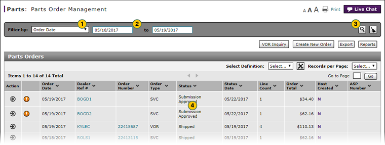 Filter Parts Order Managagement Page.